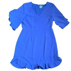 CeCe Women Ruffle Sleeve V-Neck Shift‎ Dress 12 Blue Crepe Ruffle Hem Easter